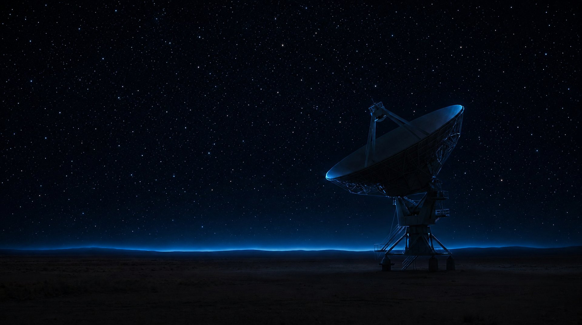 A satellite ground station antenna silhouetted against a dark night sky with a faint blue horizon glow